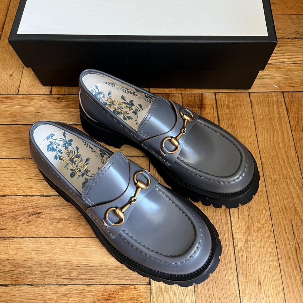 NWB Mens Gucci Harald Lug Sole Grey Loafers Dress Shoes